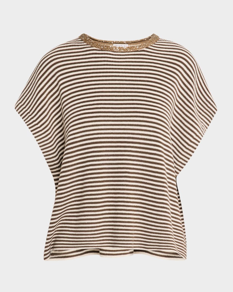 Striped Cotton Short-Sleeve Paillette-Neck Sweat